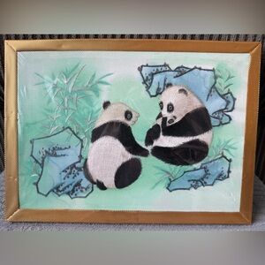 Panda Embroidery Art with Gold Frame Silk 10x7.25 Bear